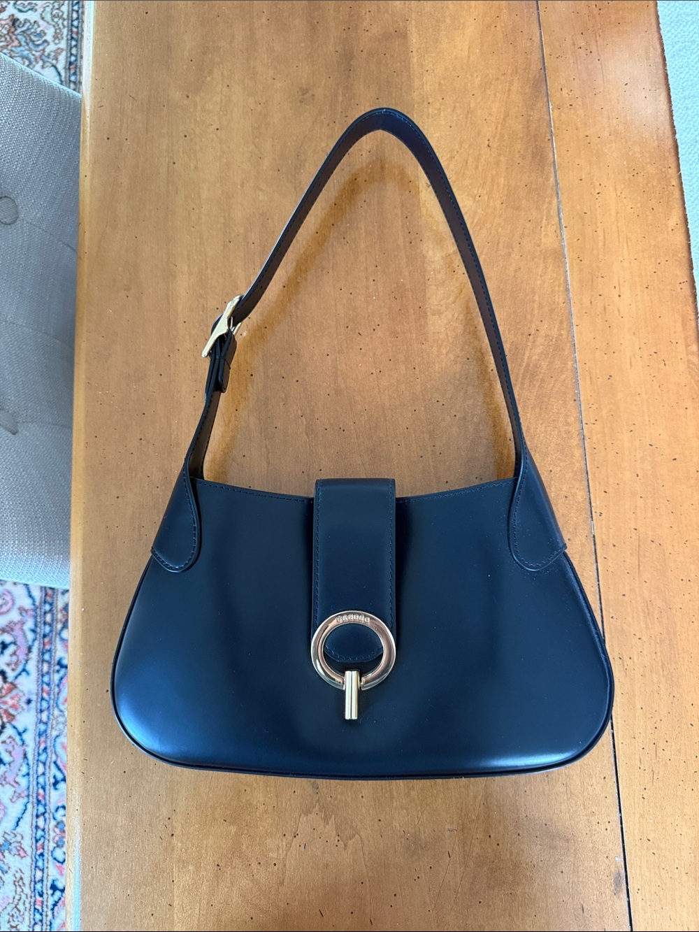 Sandro Classic Black Leather Shoulder Bag with Gold Ring Accent